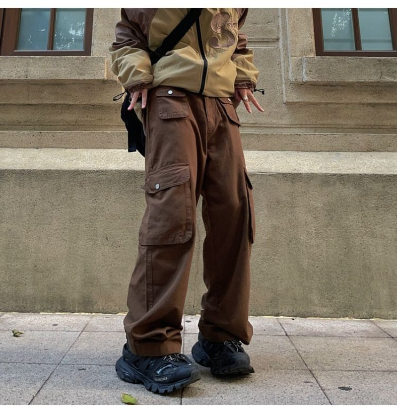 Vintage Brown Pocket Cargo Pants American High Street Loose Straight Leg Pants New Autumn Casual Hip Hop High Waist Trousers