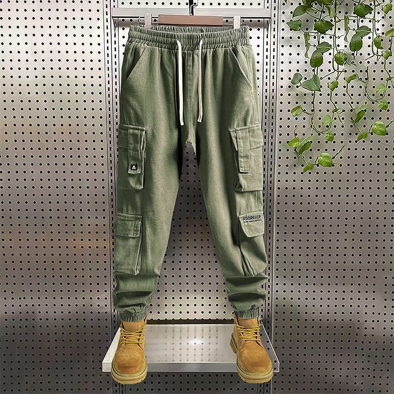 Men's Summer Trend Loose Vintage Solid Color Casual Fashion Sports Spliced Pocket Elastic Waist Drawstring Youth Cargo Trousers