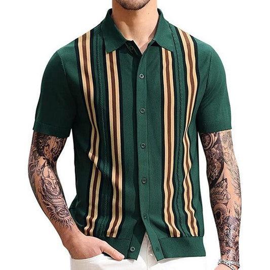 Men Knitwear Short Sleeve  Polo Shirt Casual Slim Fit Suit Collar Button Polo Shirt Breathable Summer Top Stripe Green Contrast