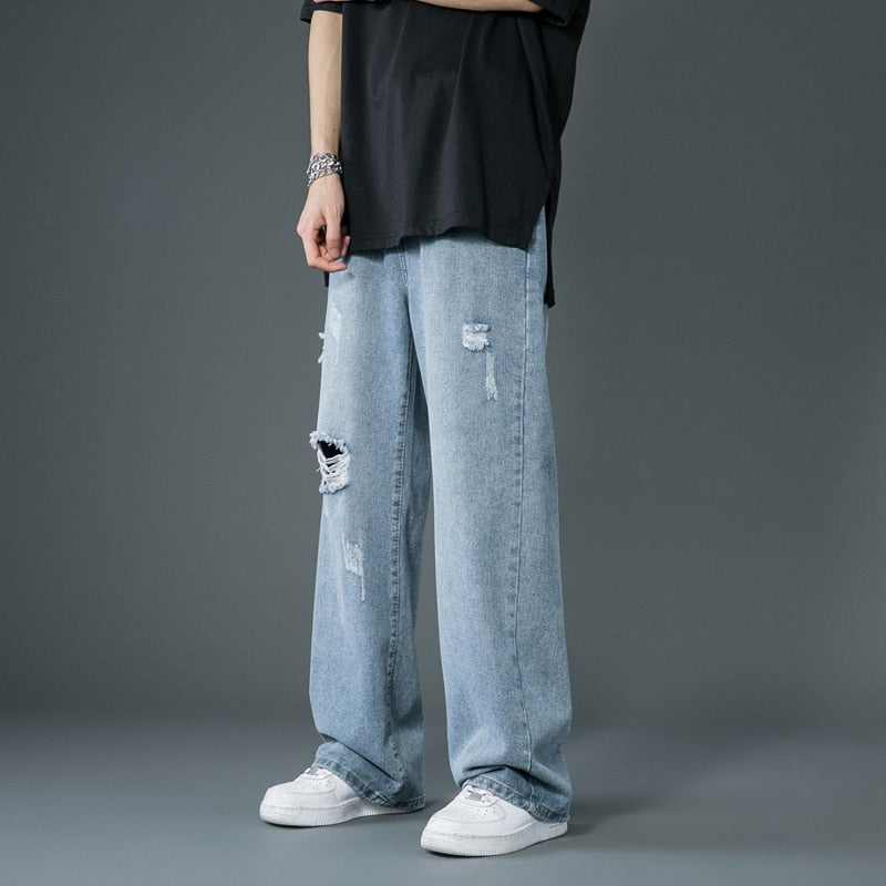 Spring Summer Men's Ripped Wide Leg Jeans Korean Trend Straight Baggy Denim Pants Male Vintage Blue Trousers