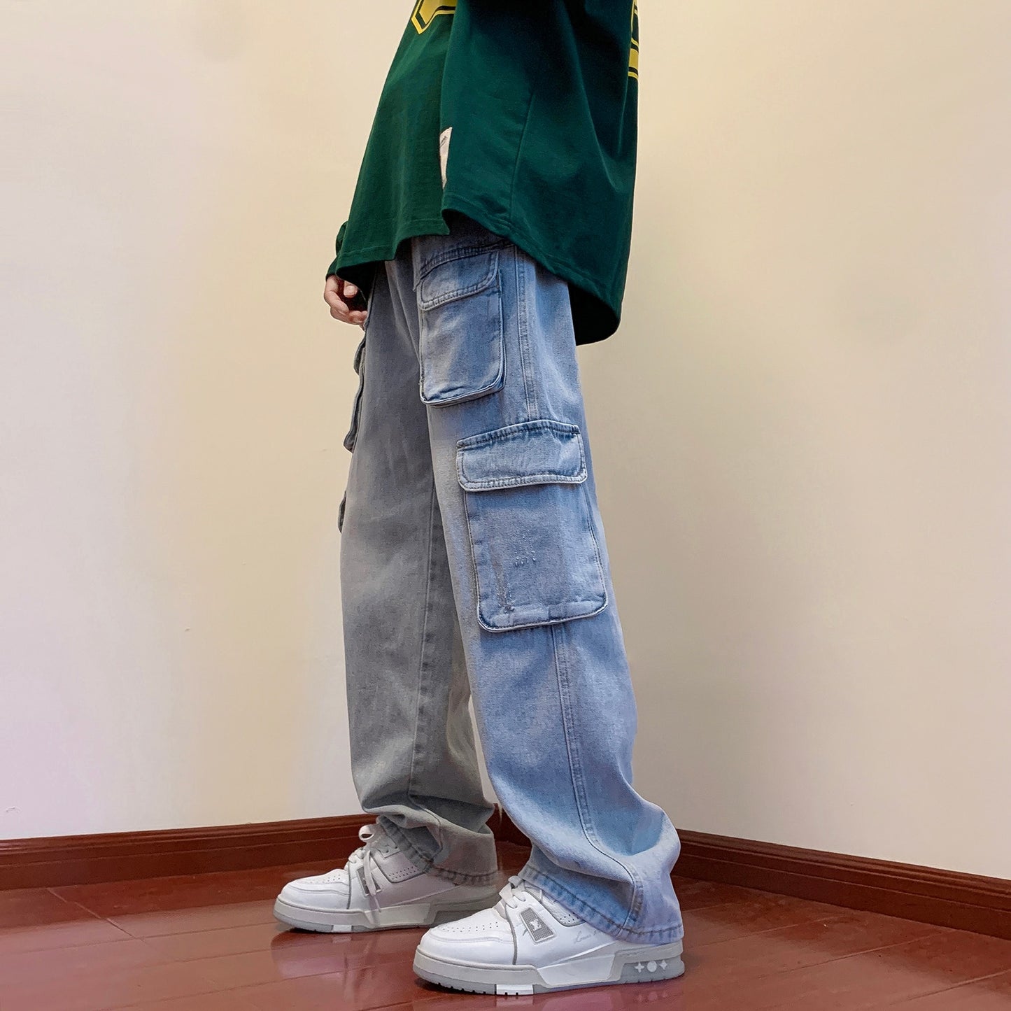 Multi-pockets Cargo Jean Pants Autumn New Streetwear Hip Hop Jeans Men Korean Fashion Loose Straight Male Denim Pants Black/Blue