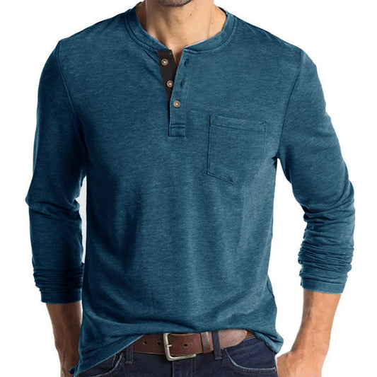 Men's Henley Collar Long Sleeved T-shirts Solid Casual Top Single Breasted Pocket TShirt Soft Comfy Bottoming Shirt for Autumn