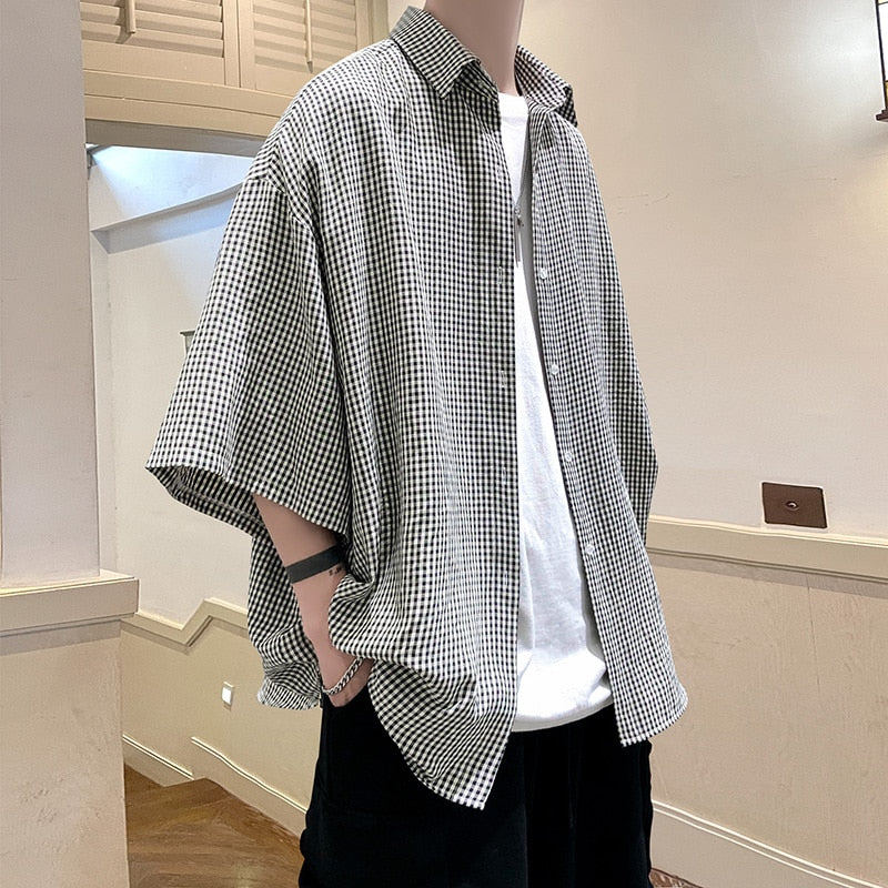 HIP HOP Streetwear Casual Plaid Shirt Men'S Half Sleeve High Quality 2023 Loose Spring Summer Fashion Chemise Homme