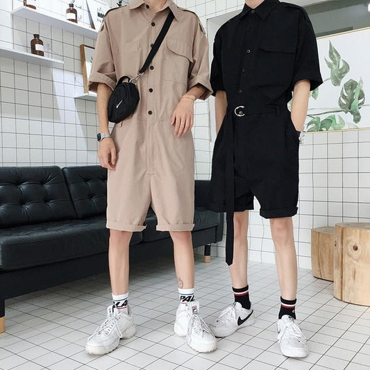 Summer Fashion Men Cargo Overalls Punk Style Pockets Pants Loose Solid Color Short Sleeve Rompers Men Jumpsuit Streetwear 2022