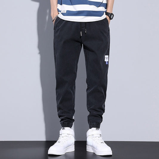 Spring Summer Jeans Men Cotton Thin Elastic Drawstring Waist Beam Feet Light blue Loose Joggers Sports Cargo Trousers Male