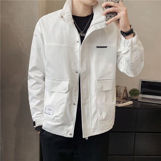 Spring New Men's Stand Collar Thin White Jacket Korean Style Fashion Casual Solid Color Jacket Male Trend Brand Coat