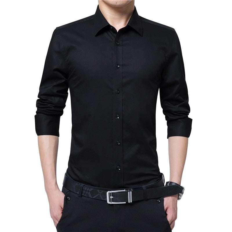 Men Dress Shirt Fashion Long Sleeve Business Social Shirt Male Solid Color Button Down Collar Plus Size Work White Black Shirt