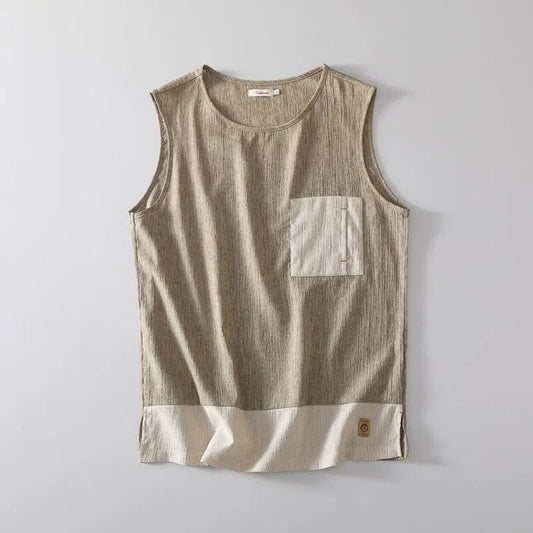 Summer Casual Thin Vest Trend Splicing Vest Sleeveless T-shirt Linen Retro Men's Trendy Round Neck All-match Tops Men's Clothing