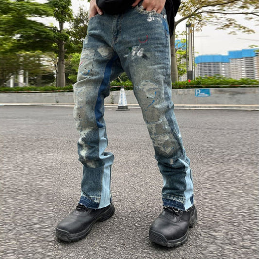 Retro Ink Splash Patchwork Ripped Jeans Flare Pants Men and Women Straight Casual Oversized Loose Denim Trousers