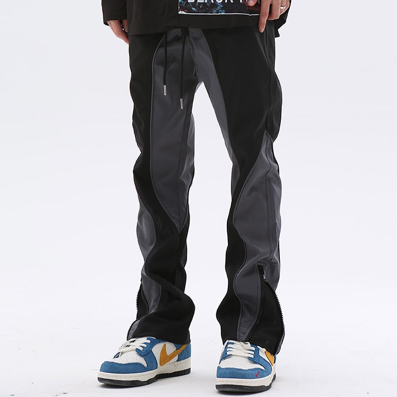 Retro Ankle Zipper Colot Match Drawstring Track Pants High Street Spliced Casual Baggy Straight Oversize Trousers