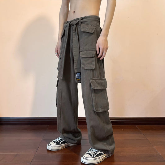 Multi-pockets Casual Hip-hop Cargo Pants Harajuku Men's Fashion Waistband Loose Wide Leg Pants Streetwear Mopping Trousers