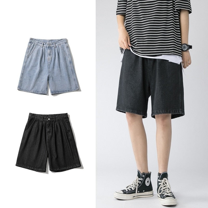 Summer New Men's Baggy Straight Denim Shorts Korean Style Fashion Casual Loose Short Jeans Male Light Blue Black