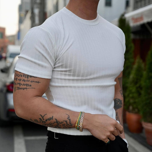 Fashion Solid Color Ribbed Slim T Shirts Men's Streetwear Classic Simple Crew Neck Short Sleeve Tees Summer Leisure Men Clothes