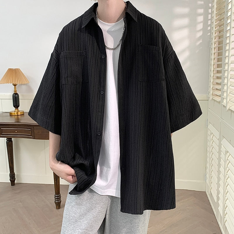Y2k Blouse Men Side Buttons Black White Ice Silk Shirt Harajuku Pleated Button Up Korean Short Sleeve Aesthetic Male