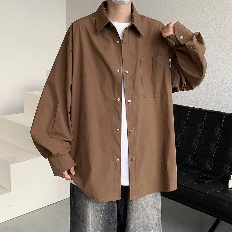 Spring Autumn Fashion Men's Solid Casual T-Shirt Loose Cool Boy Soft Versatile Tops Students Buttons Coat College Style Pocket