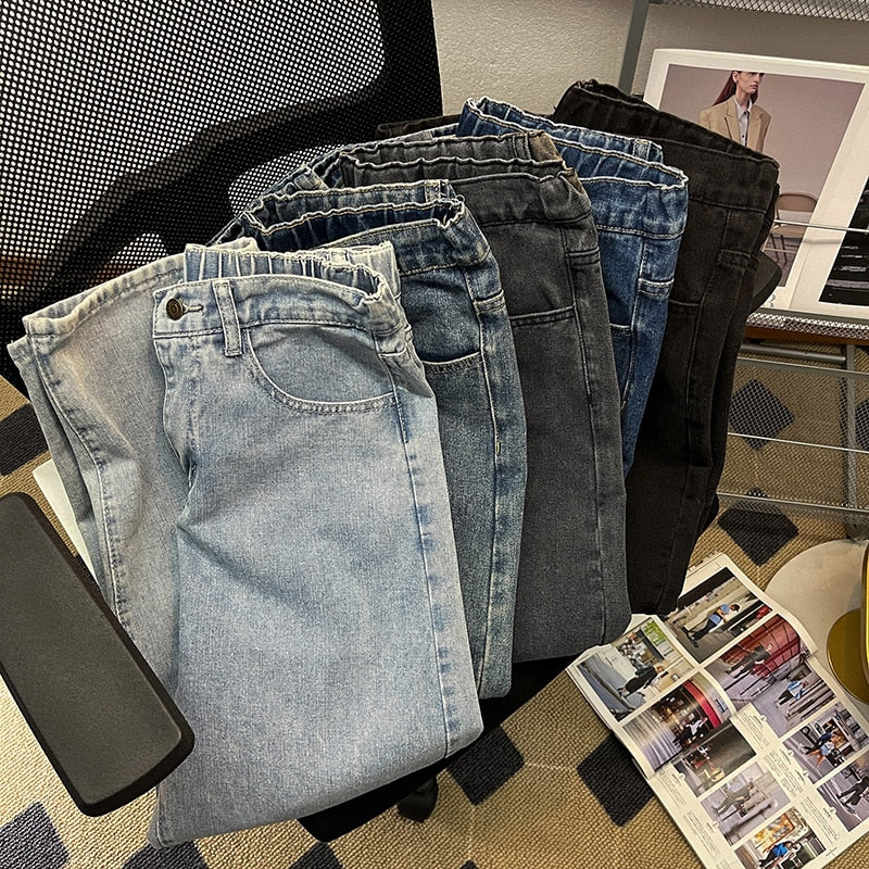 2023 Spring New Men Baggy Jeans Korean Fashion Elastic Waist Classic Style Denim Ankle-Length Pants Neutral Wind Oversize Pants