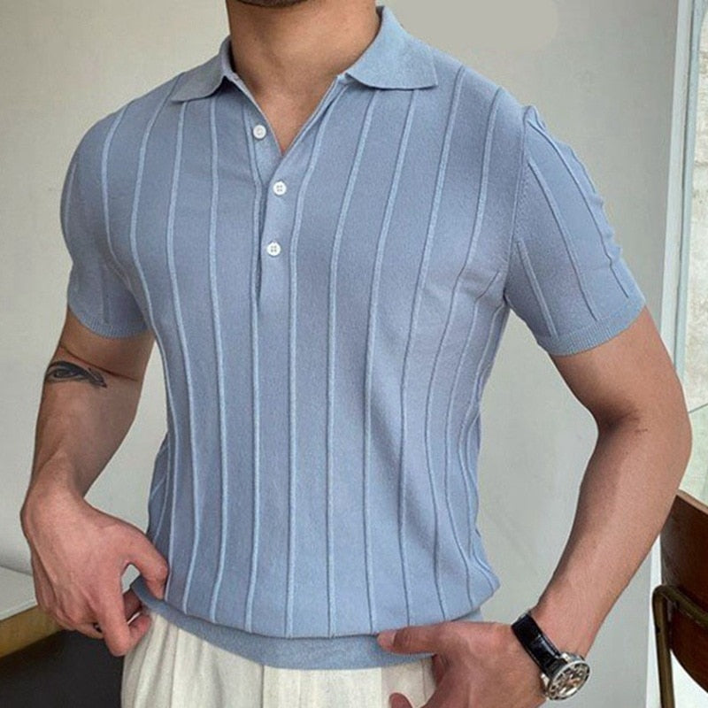 Spring Summer Knit Polo Shirt Men Casual Turn-down Collar Bussiness Fashion Striped Solid Slim Tops Ice Silk Cotton T-shirt