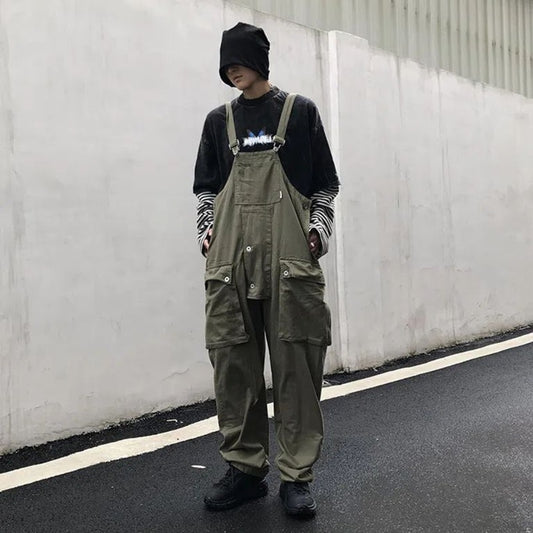 Men Denim Overalls Loose Baggy Street Hip Hop Japanese Style Multi-Pocket Streetwear Work Trousers Cargo Jumpsuit