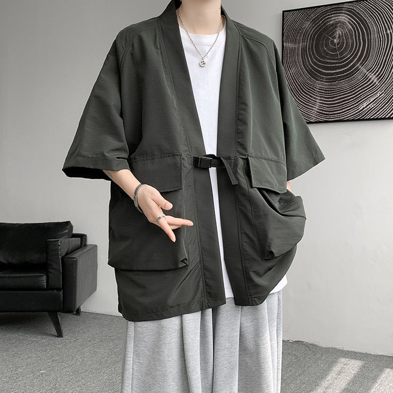 Fashion Men's Kimono Cardigan Men Oversize Shirts Popular Japanese Big Pocket Shirt Yukata Top Costume Men Clothing 2023