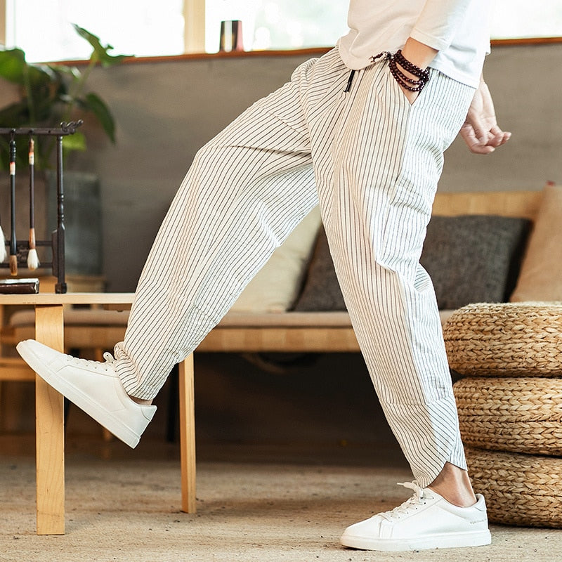 Chinese Style Men's Pants Summer New Striped Cotton Linen Wide Leg Casual Oversized Harem Pants Lantern Trousers Male Clothing