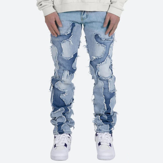 Vibe Style Patchwork Frayed Jeans Pants for Men Retro Washed Hole Ripped Casual Loose Denim Trousers Oversized