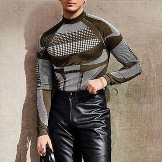 New Arrivals  Men T Shirt Fashion Graphic Print Crew Neck Long Sleeve Slim Pullover Mens Clothes Top Casual Tight Tee Shirts