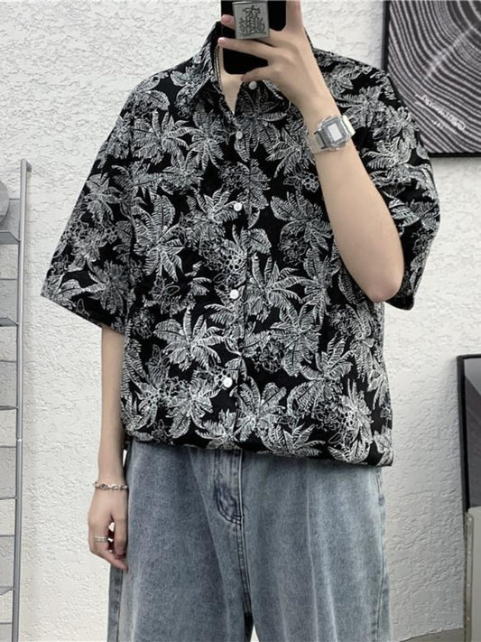 Summer New Beach Print Men Shirts Hip Hop Short Sleeve Button Down Blouse Fashion Loose Tops Teens