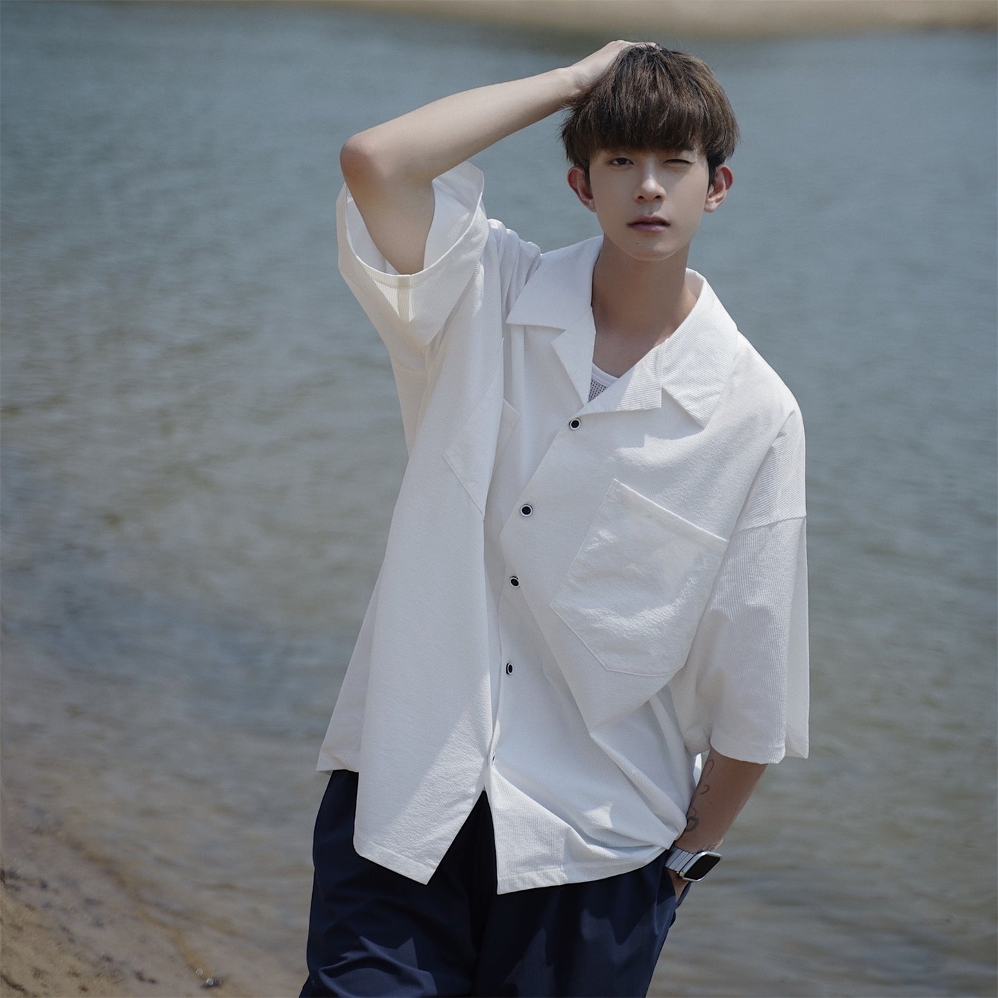 Cuban Collar Casual Shirt With Pocket Summer Solid Color Harajuku Shirts for Men Korean Camisas Hombre White/Black