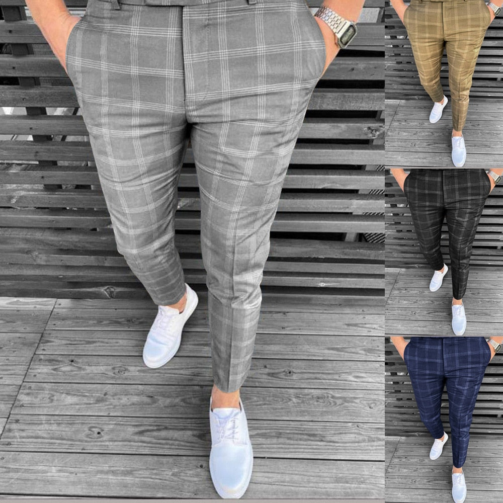 Men's Fashion Pencil Trousers Fashion Men Casual Business Slim Fit Plaid Print Zipper Long Pants Trousers Everyday Casual Pants