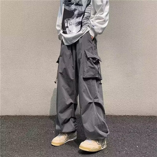 Men's Parachute-Style Hip-hop Street Overalls Oversized Pocket Trousers Harajuku Loose Solid Color Casual Pants Y2K Legged Pants