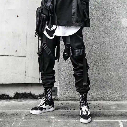 Men Cargo Pants Men’s Casual Hip Hop Harem Pant Hit Color Pocket Male Trousers Sweatpants Streetwear Ribbons Techwear Joggers