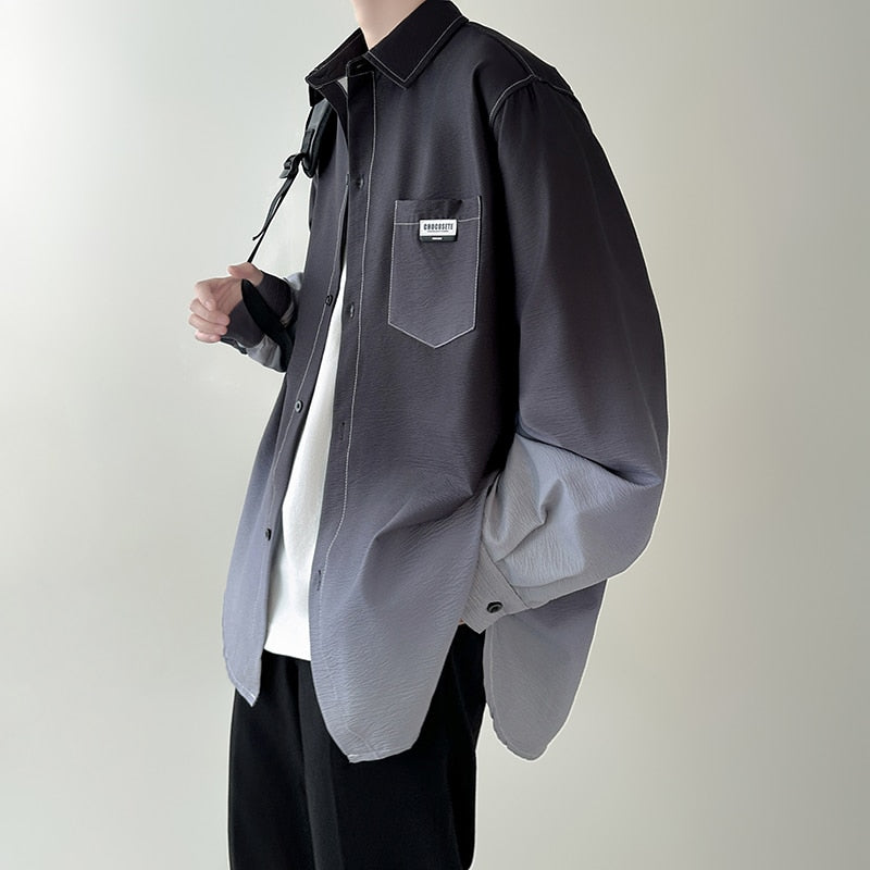 Men's Gradient Plicated Long Sleeve Shirts 2023 Autumn Korean Shirt Fashion Casual Oversize Shirt Coat High Quality Clothing