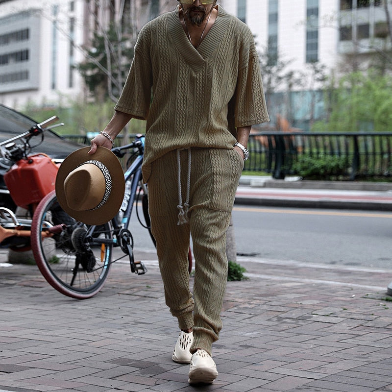 Fashion Loose V Neck Sweater Two Piece Set Men Spring Summer Casual Solid Short Sleeve Knit Tops And Pants Suits Mens Streetwear