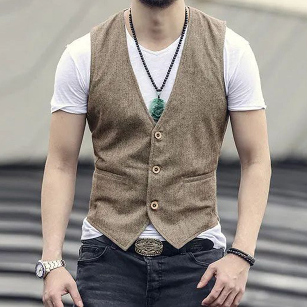 Men's Business British Style Retro Linen Vest Summer Thin Section Slim Three Button V-Neck Slim Gentleman Casual Formal Vest