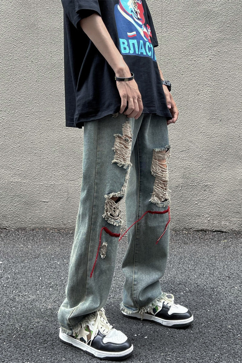 2023 Street high Street pants ins trendy embroidered worn-out hole denim jeans men men's beggar floor mop pants streetwear New