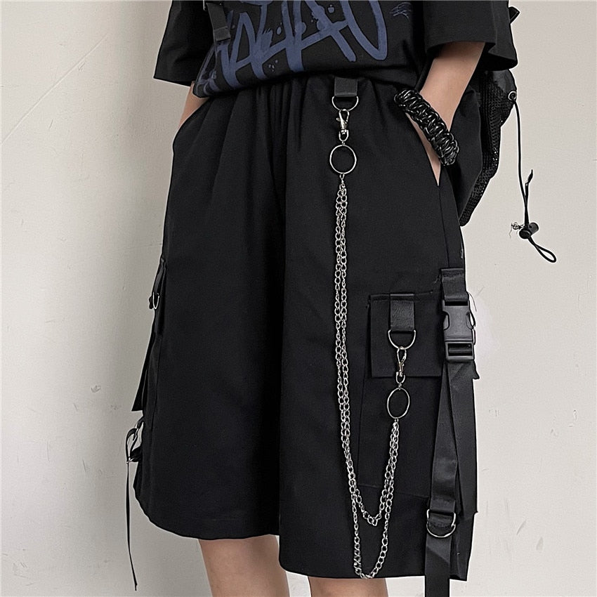 Men's Cargo Shorts Summer Mens Black Ribbons Shorts Hip Hop Chain Streetwear Casual Male Sportswear Shorts Homme Clothing