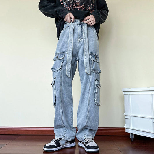 2023 New Men Cargo Jeans Wide Leg Pants Multiple Pockets Baggy Denim Trousers Hip Hop Streetwear Skateboard Neutral Male Clothes