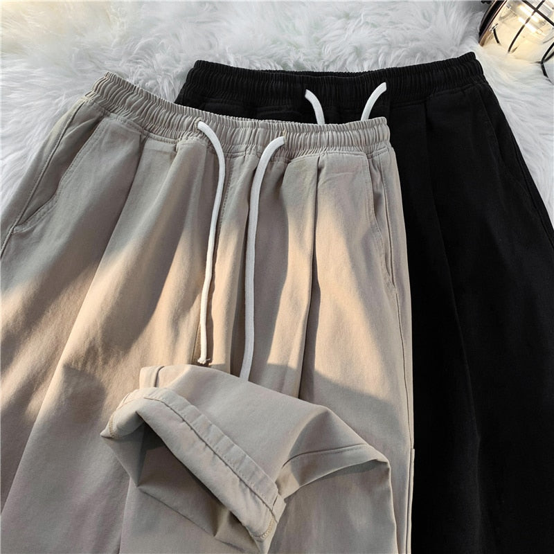 2023 Spring Summer New Men's Solid Color Straight Wide Leg Pants Korean Fashion Casual Elastic Waist Baggy Trousers Male Khaki