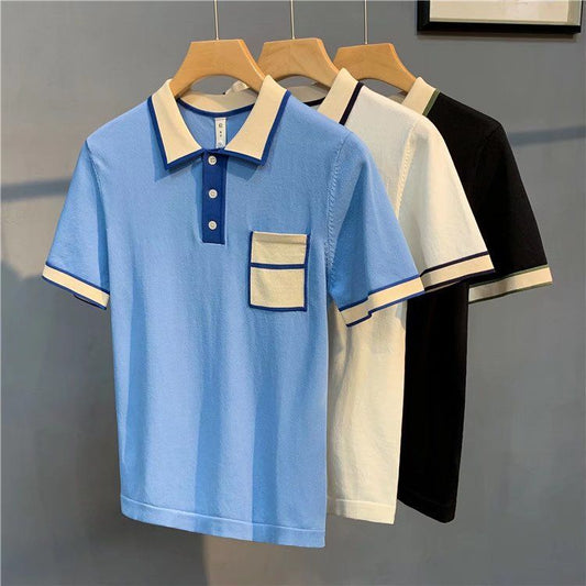 2023 Men's Summer Fashion Lapel Ice Silk Thin T-shirt Male Striped Knitted Polo Shirt Men Short Sleeve Casual Tee Tops D32