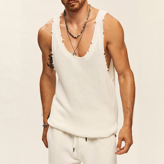 Streetwear Men Clothes Fashion Summer Sleeveless O Neck Straps Knitted Tank Tops Mens Vintage Solid Color Ripped Vest Camisole