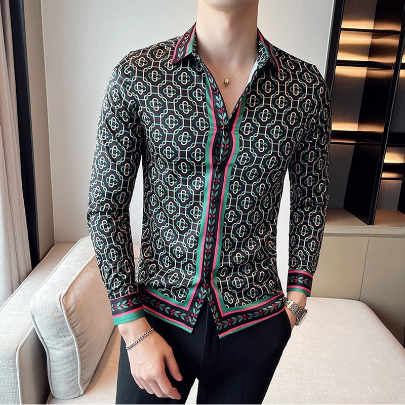 Luxury Mens Shirts Dress Fashion Striped Printed Long Sleeve Chemise Homme De Luxe British Style Slim Fit Social Blouse Men 4XL