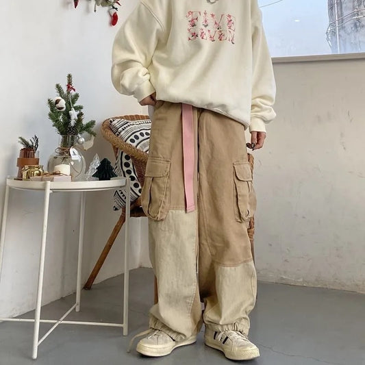 Korea Fashion Harajuku Patchwork Male Trousers Cargo Pants Men Streetwear New Vintage Baggy Pants Casual Wide Pants Khaki Black