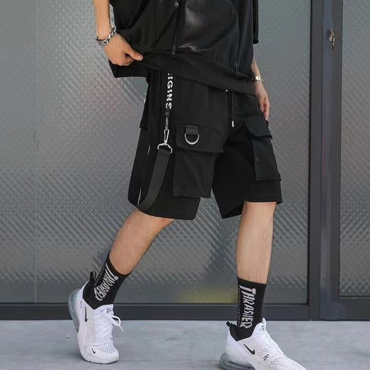 Men's Shorts Cargo Pants Man Casual Shorts Black Cargo Trousers Male Summer Gym Shorts Japanese Hip Hop Techwear Ribbons