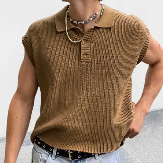 Leisure Solid Knitting Tops Men Sleeveless Buttoned Turn-down Collar Knit Vest Shirts 2023 Spring Summer Men's Clothing Fashion