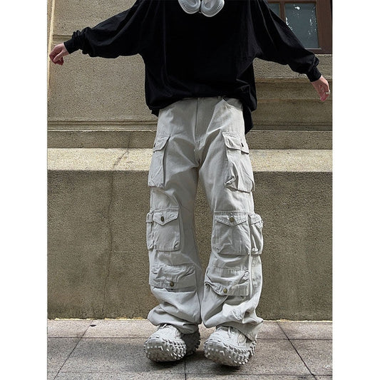 Street Popular White Multi-pocket Overalls Men's Harajuku Style Loose Casual Trousers Straight Mopping Pants Autumn New