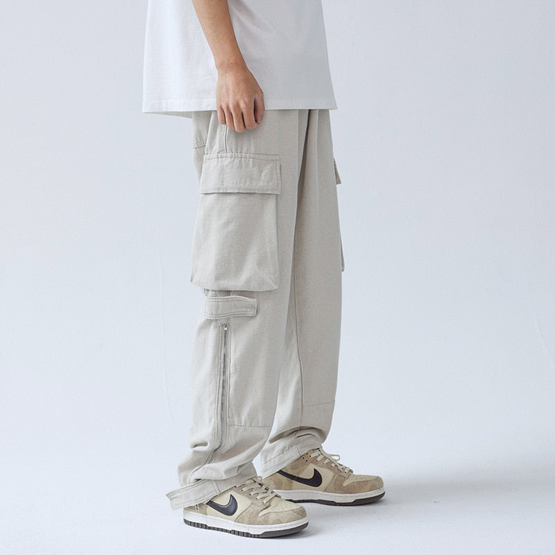 Black/Beige Cargo Pants Men Fashion Pocket Casual Pants Mens Japanese Streetwear Loose Hip Hop Straight Pants Mens Trousers