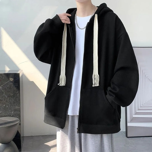 Spring Autumn Winter Fashion Solid Casual Cardigan Jacket Men's Loose Cool Boys Soft Solid Zipper Hoodie Drawstring Student Coat