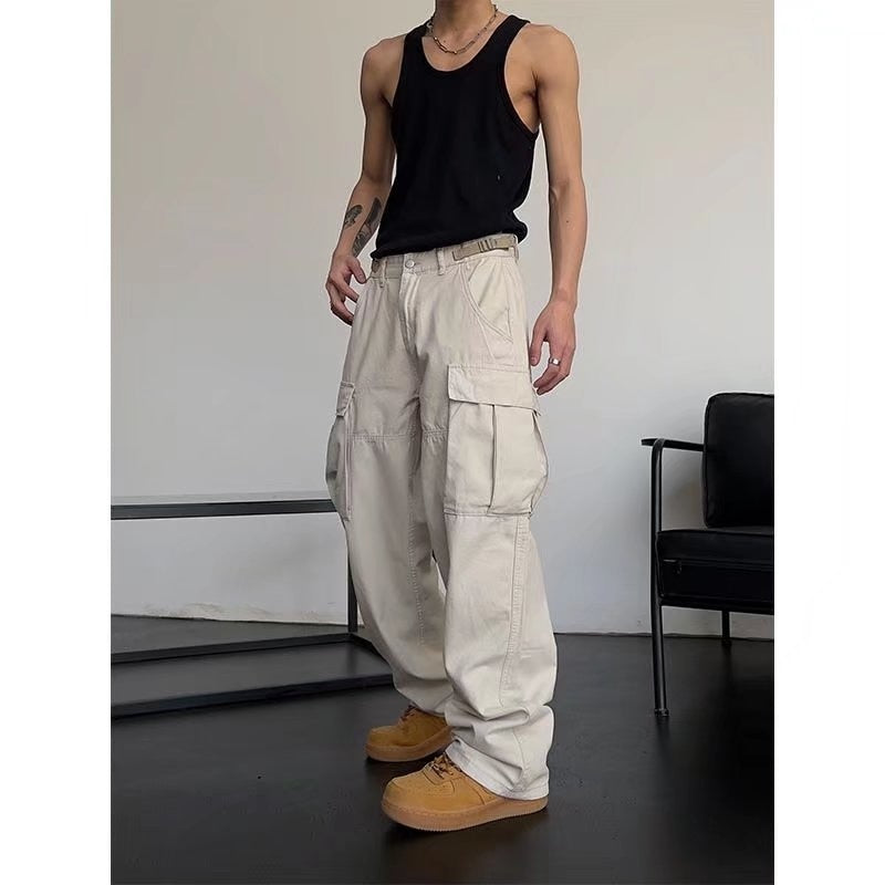 Japanese cityboy heavy cotton overalls wide leg pants European and American street high waist slim hiphop big mouth bag fashion