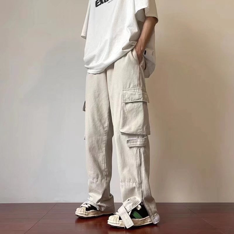 Summer thin American retro Multi Pocket overalls for men trousers and women loose ins fashion brand white straight casual pants