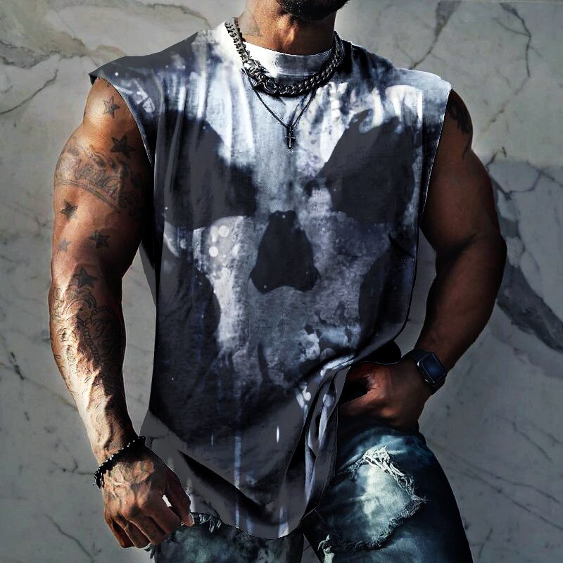 Fashion Skull Print Men's Vest Pullover 2023 Spring Summer Casual Loose Sleeveless O Neck Tank Tops Men Clothes Leisure Camisole